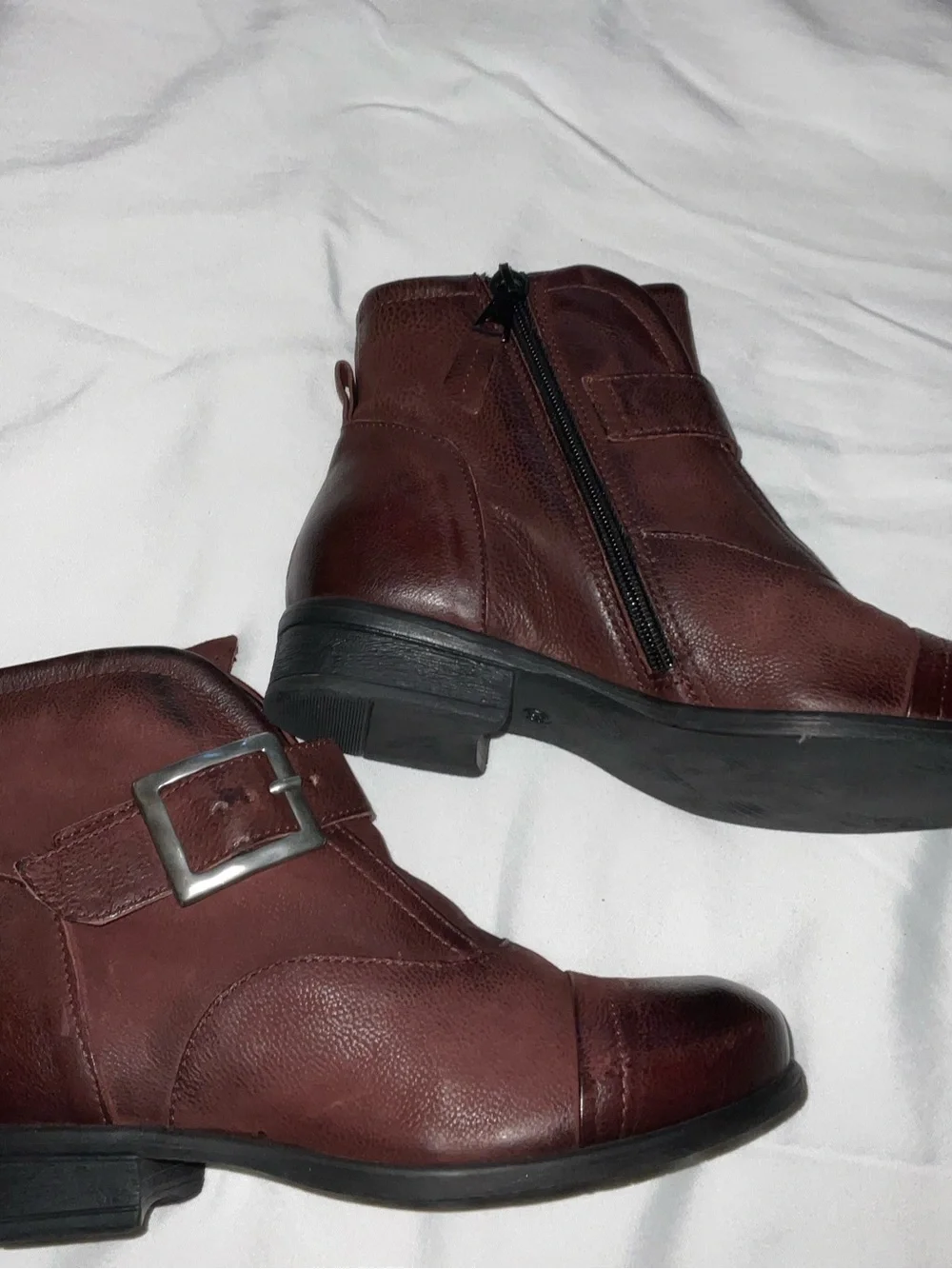 Miz Mooz Burgundy Leather Ankle Booties with Side Zip & Buckle